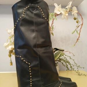 Boots Black Heeled Boots with Gold Studs